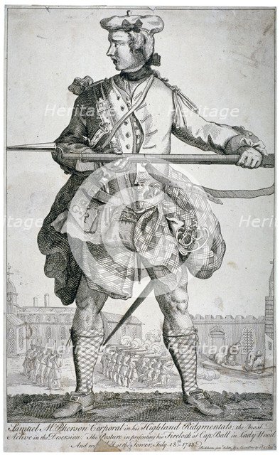 Samuel McPherson, Scottish soldier, 1743. Artist: George Bickham