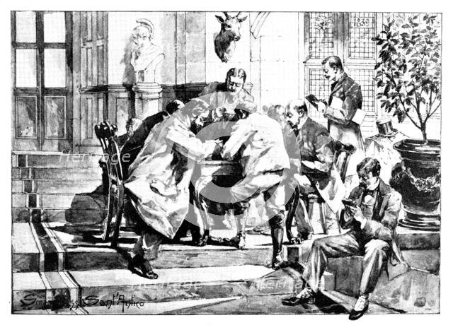 The Death of Mr. Gladstone: reading telegrams from royal...personages in the Hall at Hawarden, 1898. Creator: Unknown.