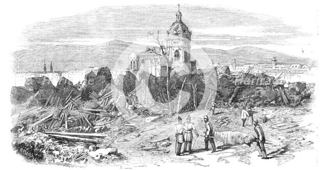 The Late Explosion at Mayence - St. Stephen's Church from the Site of the Powder Magazine, 1857. Creator: Richard Principal Leitch.