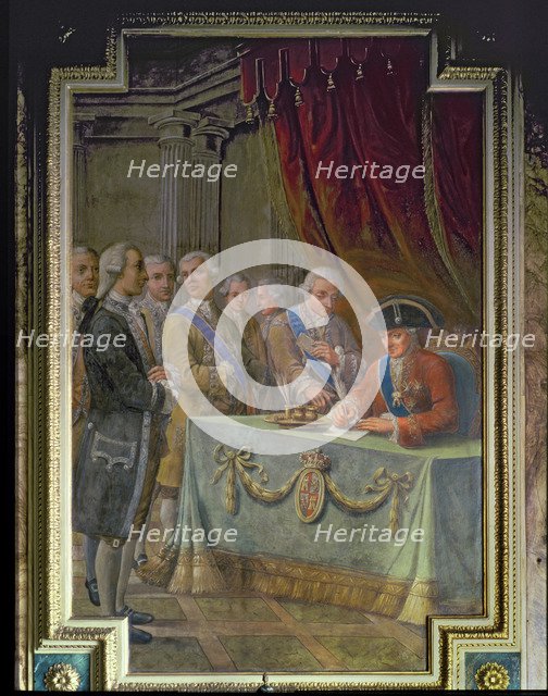 Charles III signing the decree authorizing trading with the Philippines and Asia.