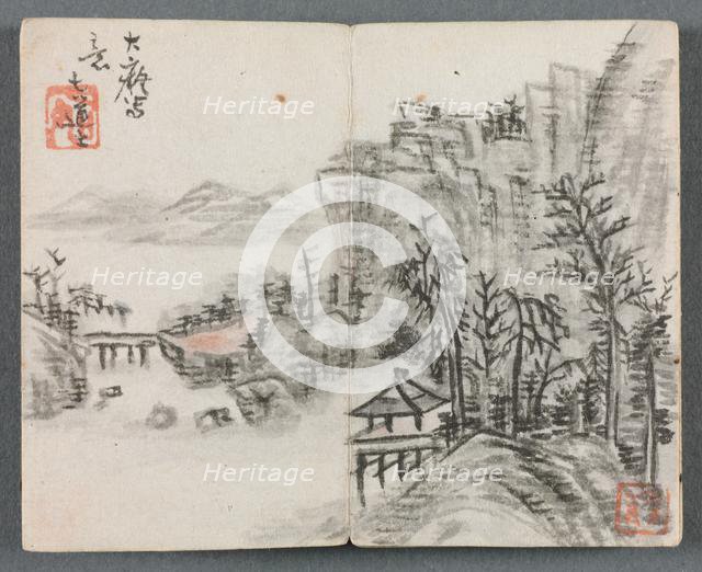 Miniature Album with Figures and Landscape (Cliff Landscape with Bridge), 1822. Creator: Zeng Yangdong (Chinese).