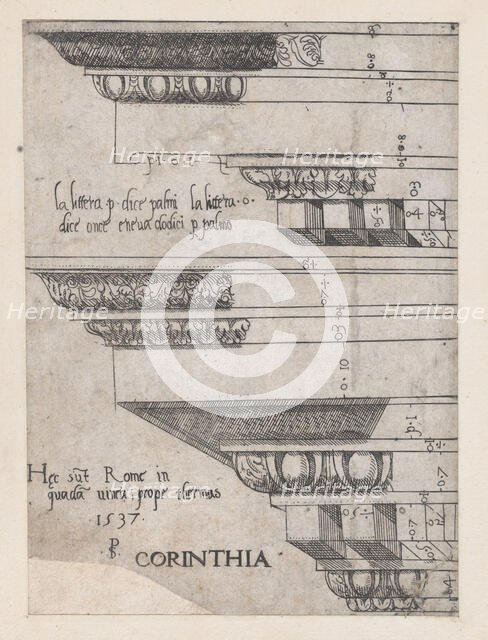 Speculum Romanae Magnificentiae: Corinthian entablature, 1537., 1537. Creator: Master PS.