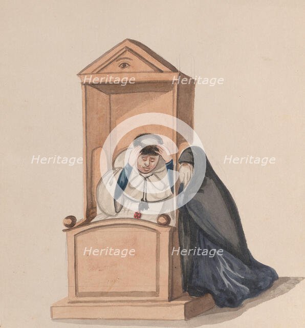 A woman confessing to a priest, from a group of drawings depicting Peruvian costume, ca. 1848. Creator: Attributed to Francisco (Pancho) Fierro.
