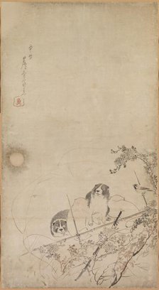 Puppies, Sparrows and Chrysanthemums, 1754-1799. Creator: Nagasawa Rosetsu (Japanese, 1754-1799).
