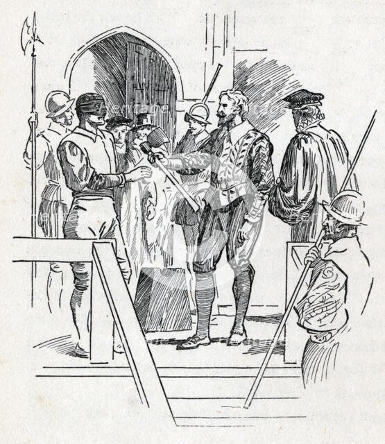 Sir Walter Raleigh holds his executioner's axe, c1900.  Creator: Howard Davie.