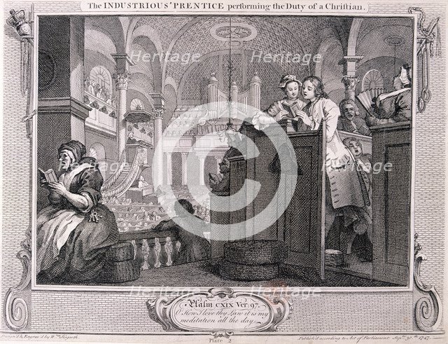 'The industrious 'prentice performing the duty of a christian', from Industry and Idleness 1747. Artist: William Hogarth