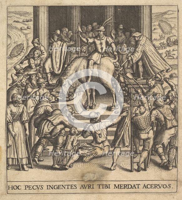 Men collecting dung dropping from the hindquarters of a mule, with a rider sitting ba..., 1592-1614. Creator: Johann Theodor de Bry.