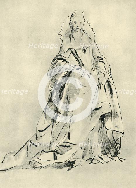 A lady wearing a gown with high collar and pointed bodice, early 18th century, (1943). Creator: Giovanni Battista Tiepolo.