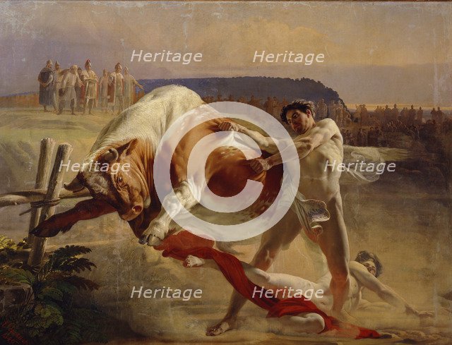 The Trial of Strength of Yan Usmovets, 1849. Artist: Sorokin, Yevgraf Semyonovich (1821-1892)