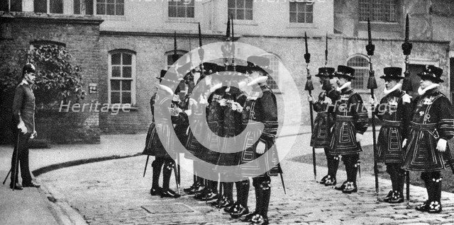 Yeomen Warders on parade at the Tower of London, 1926-1927. Artist: Unknown