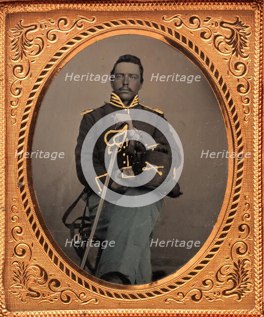 Union Cavalry Officer Displaying Sword, Holding Hat, Seated in Studio, 1861-65. Creator: Unknown.