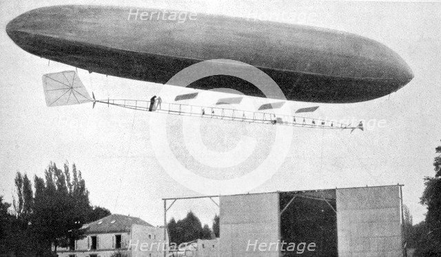 Alberto Santos-Dumont flying his airship number 10, 1903. Artist: Unknown