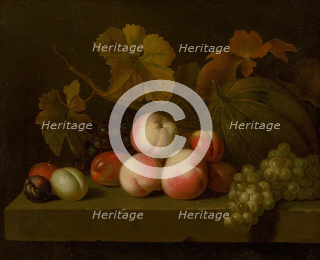 Still Life with Peaches, Grapes, Plums, and Melon, around 1710. Creator: Jakub Bogdan.