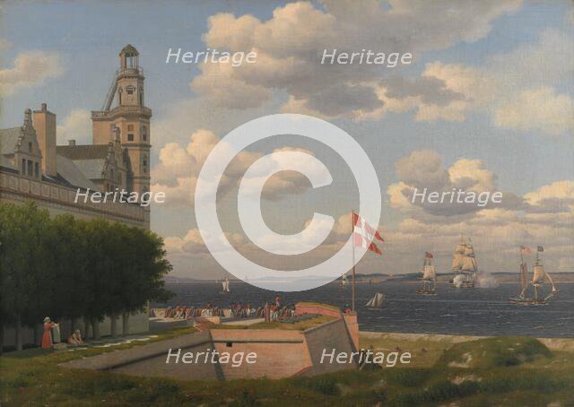 A View towards the Swedish Coast from the Ramparts of Kronborg Castle, 1829. Creator: CW Eckersberg.