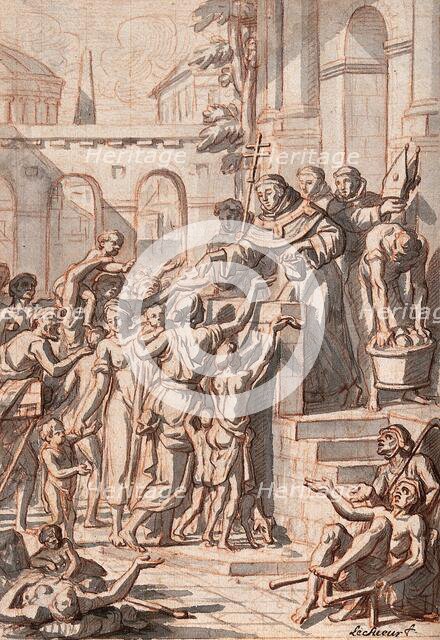A man in religious clothing standing on a balcony is handing out money to the crowd below him. Creator: Le Sueur.