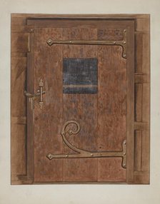 Iron Hinges on Door, c. 1936. Creator: Bertha Semple.