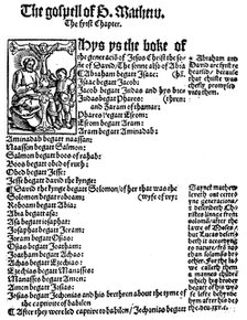 First page of St Matthew's Gospel from William Tyndale's English New Testament, 1525. Artist: Unknown