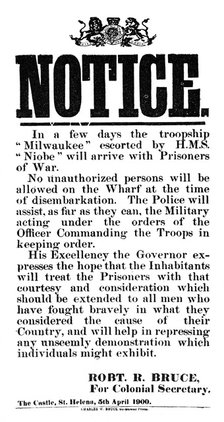 Notice of the arrival of Boer prisoners of war on the 'Milwaukee', St Helena, 5th April 1900. Artist: Unknown