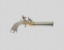 Triple-Barrel Breechloading Flintlock Pistol, England, c. 1820. Creator: Unknown.