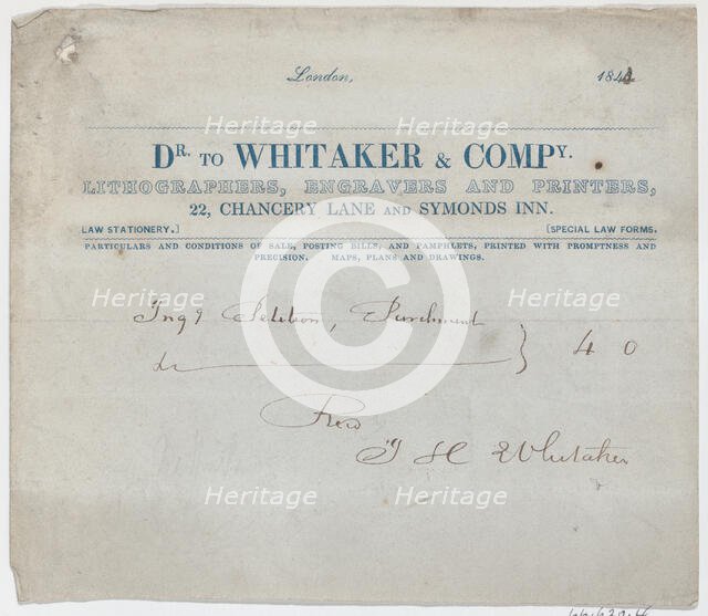 Trade Card for Dr. Whitaker & Co., Lithogravers, Engravers and Printers, 19th century., 19th century Creator: Anon.