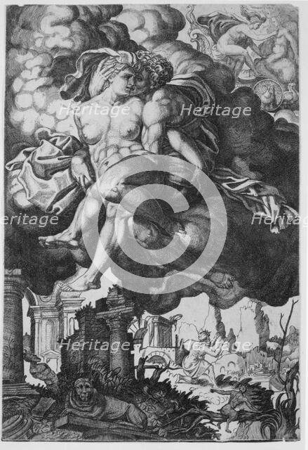 Ixion attempting to seduce Juno, surrounded by clouds with ruins below, ca. 1520-39. Creator: Giovanni Jacopo Caraglio.