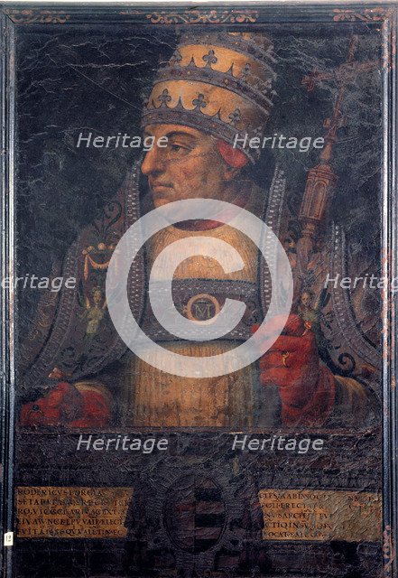 Alejandro Borgia, Alejandro VI (1431-1503). Pope  (1492-1503). Oil painting on guadamacil.