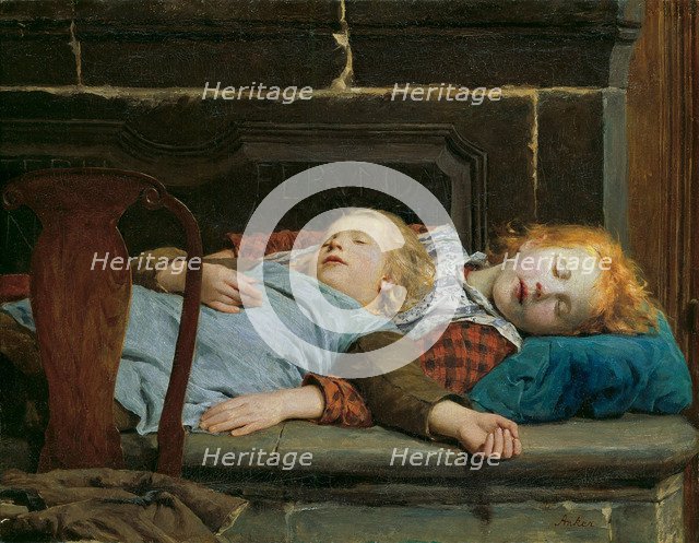 Two sleeping girls on the stove bench, 1895.
