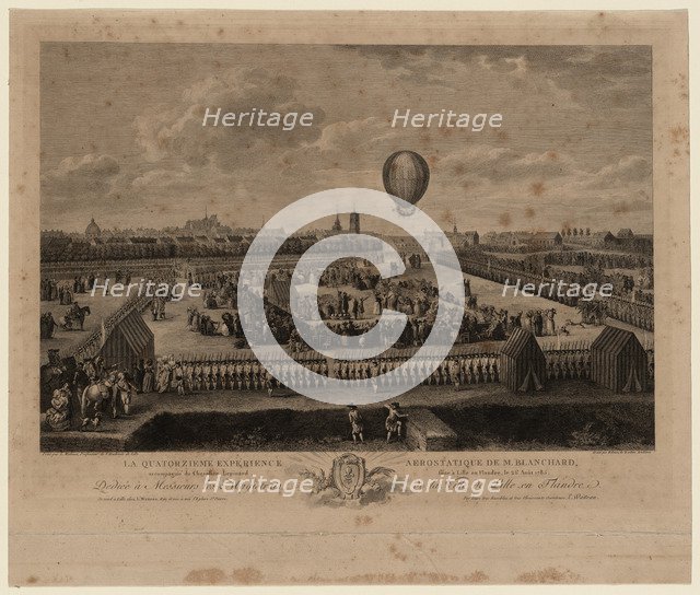 The balloon of Jean-Pierre Blanchard ascending from Lille on August 26, 1785, 1785. Artist: Watteau, Louis (1731-1798)