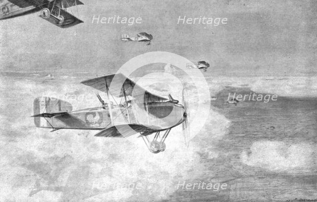 'Combat Aerien; Escadre de bombardement de jour, volant au-dessus de la mer de nuages..., 1918. Creator: Etienne Cournault.