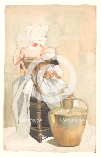 Seated girl in traditional costume, seen from the back, 1868-1940. Creator: Johan Coenraad Braakensiek.