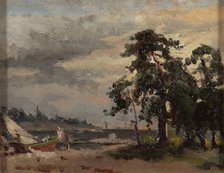 Coastal landscape, pine trees and a boat, 1863. Creator: Berndt Lindholm.