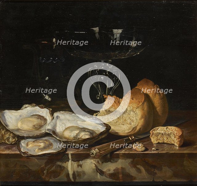Still life with oysters, bread and Venetian wine glass, 1661. Creator: Fromantiou, Henri de (c. 1633/34-after 1693).