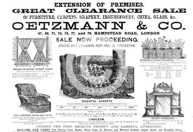 Advertisement for Oetzmann & Co. Great Clearance Sale, 1890. Creator: Unknown.