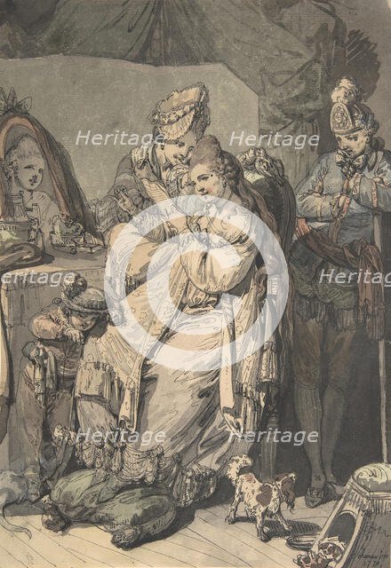 A Woman at her Toilet with a Maid, a Boy, a Dog and a Young Soldier; verso: A Sketch..., 1770. Creator: Johann Eleazar Schenau.