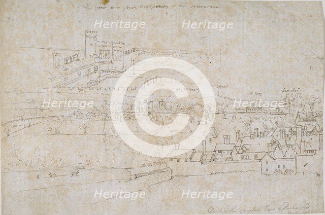Sheet of studies of the Palaces of Hampton Court, Richmond and surrounding Countryside, c1560s.. Artist: Anthonis van den Wyngaerde.