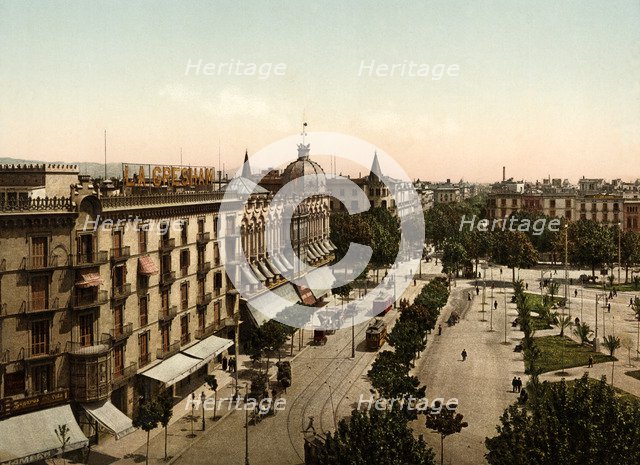 General view of the Catalonia Square, in Barcelona, ??in the early 20th century, in the foregroun…