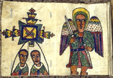 Ethopian prayer book showing an angel with a sword and two men, possibly priests, 19th century. Artist: Anon