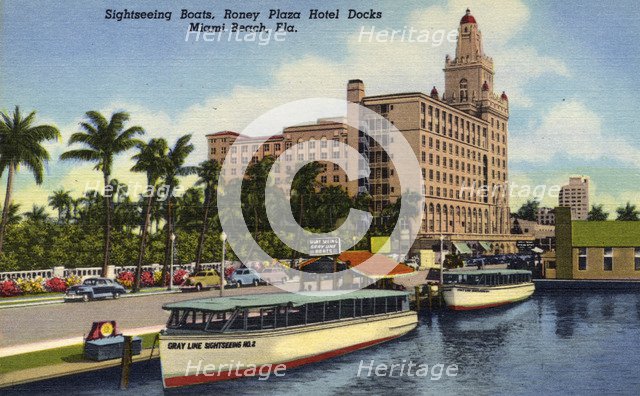 Sightseeing boats, Roney Plaza Hotel docks, Miami Beach, Florida, USA, 1948. Artist: Unknown