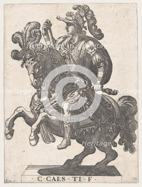 Plate 4: Emperor Gaius on Horseback, from 'The First Twelve Roman Caesars', 1596. Creator: Antonio Tempesta.