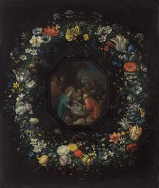 Garland of Flowers with Adoration of the Shepherds, c. 1625/1630. Creators: Frans Francken II, Master HDB.
