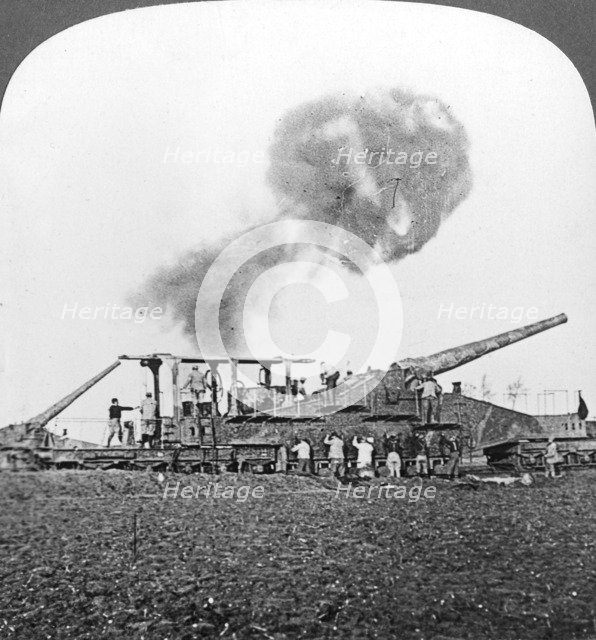 British 16 inch railway guns in action, World War I, c1914-c1918.  Artist: Realistic Travels Publishers