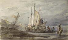 Horse and carriage on a shore near a sailing ship, 1839. Creator: Johannes Tavenraat.