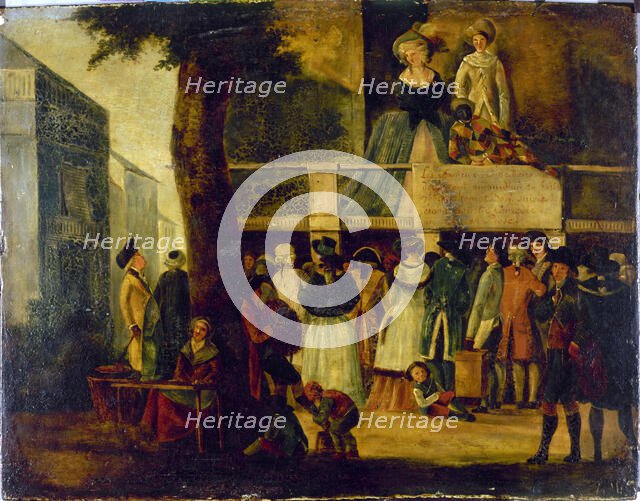 Parade devant un théâtre des boulevards (théâtre des Associés, boulevard du Temple?), c1788. Creator: Ecole Francaise.