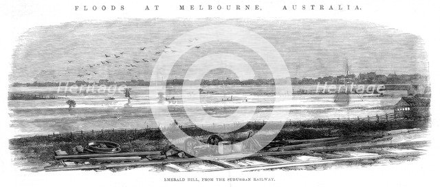 Emerald Hill, from the Suburban Railway - Floods at Melbourne, Australia, 1864. Artist: Unknown