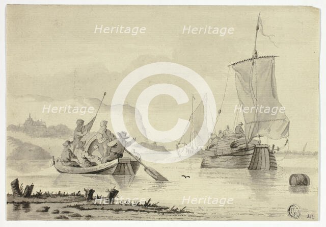 River Scene with Boats, 17th century. Creator: Willem van de Velde the Younger.