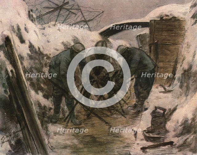 'Trois aquarelles du front; construction de reseaux barbeles dans une tranchee..., 1916. Creator: Douy Pascault.