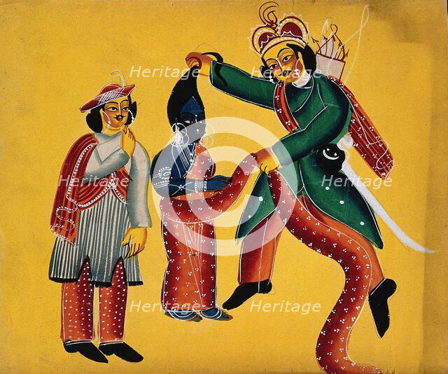 Two Europeans undress an Indian deity, c1890. Creator: Unknown.