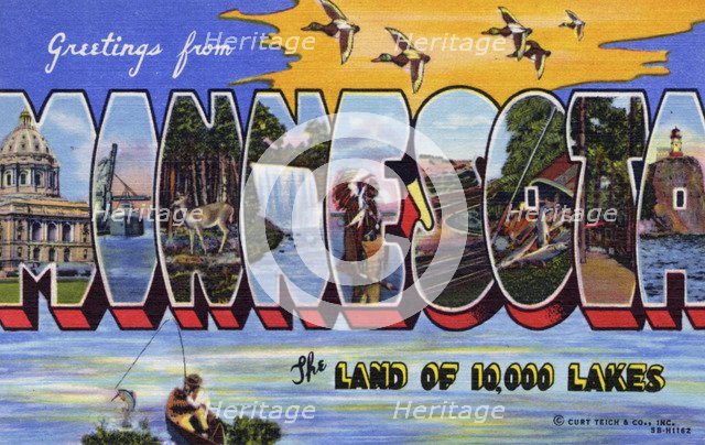 'Greetings from Minnesota, the Land of 10,000 Lakes', postcard, 20th century. Artist: Unknown