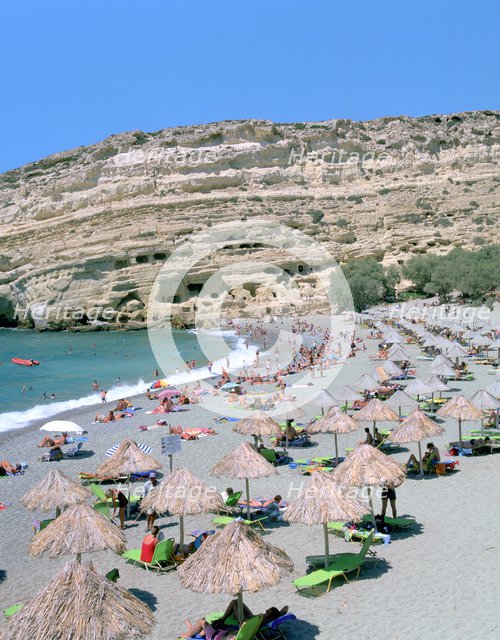 Beach and caves, Matala, Crete, Greece.