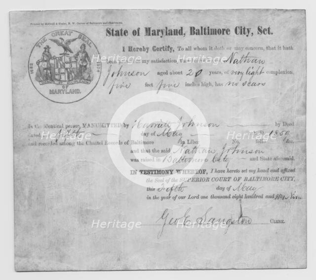 Manumission certificate for Nathan Johnson from "State of Maryland, Baltimore City, Sct"., 1859. Creator: Unknown.